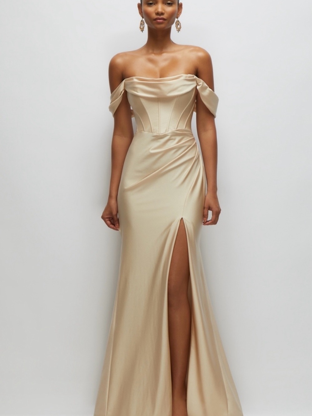 Satin Off-Shoulder Evening Gown in Champagne